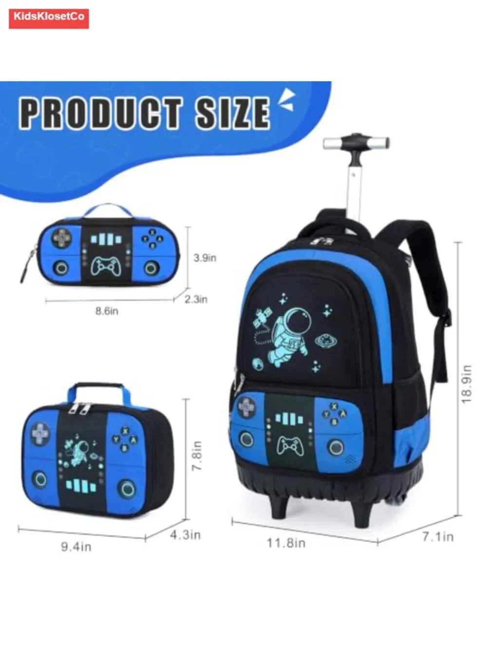 Rolling Backpack for Boys - Cool Luminous Gamer Wheeled Schoolbag with Lunch